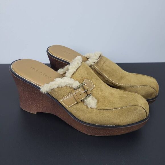 VTG Lower East Side Womens Suede Sherpa Clog Size 8.5 Tan Mule Chunky Y2K 90s - Picture 1 of 8